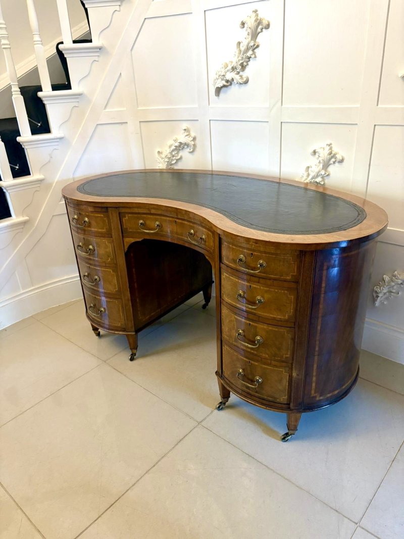 Large Antique Edwardian Quality Inlaid Mahogany Freestanding Kidney Shaped Desk - Image 6